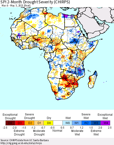 Africa SPI 2-Month Drought Severity (CHIRPS) Thematic Map For 3/6/2021 - 5/5/2021