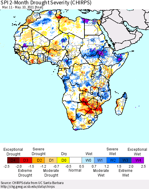 Africa SPI 2-Month Drought Severity (CHIRPS) Thematic Map For 3/11/2021 - 5/10/2021