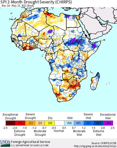 Africa SPI 2-Month Drought Severity (CHIRPS) Thematic Map For 3/16/2021 - 5/15/2021