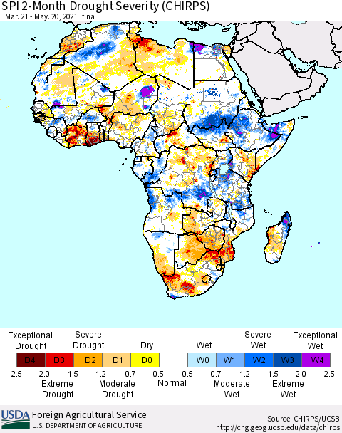 Africa SPI 2-Month Drought Severity (CHIRPS) Thematic Map For 3/21/2021 - 5/20/2021
