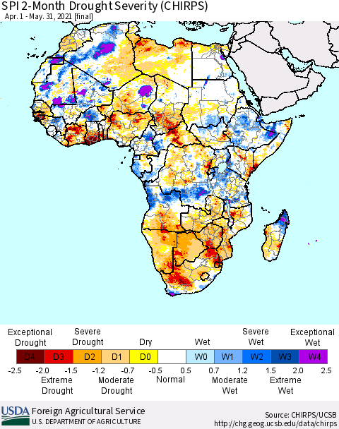 Africa SPI 2-Month Drought Severity (CHIRPS) Thematic Map For 4/1/2021 - 5/31/2021