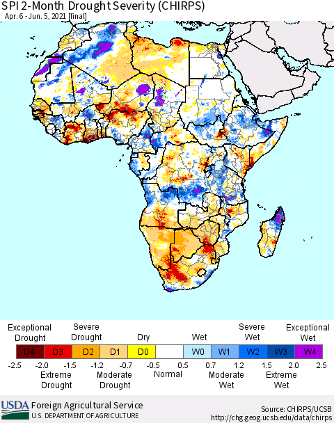 Africa SPI 2-Month Drought Severity (CHIRPS) Thematic Map For 4/6/2021 - 6/5/2021