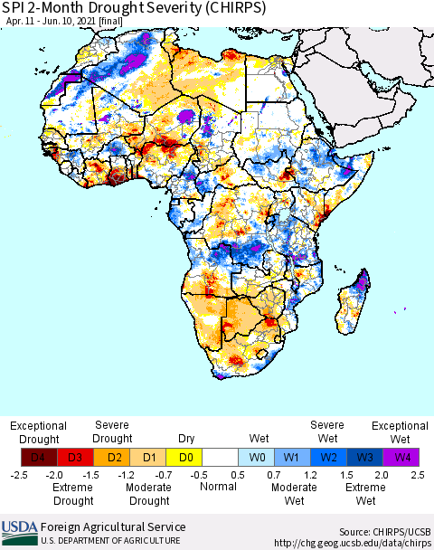 Africa SPI 2-Month Drought Severity (CHIRPS) Thematic Map For 4/11/2021 - 6/10/2021