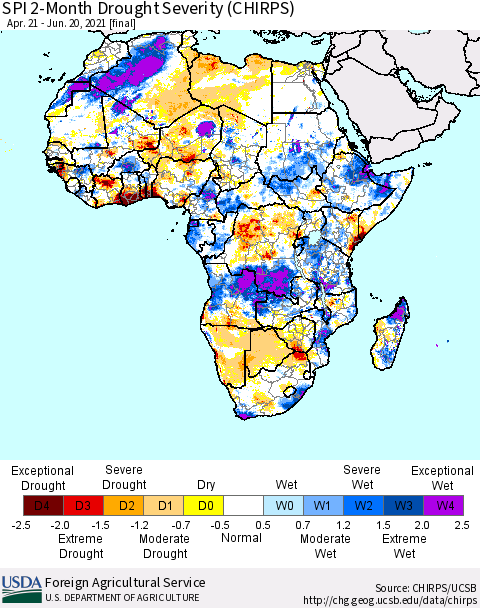 Africa SPI 2-Month Drought Severity (CHIRPS) Thematic Map For 4/21/2021 - 6/20/2021