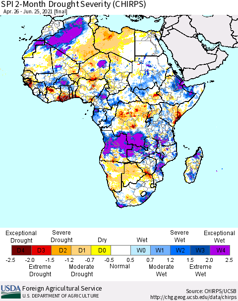 Africa SPI 2-Month Drought Severity (CHIRPS) Thematic Map For 4/26/2021 - 6/25/2021