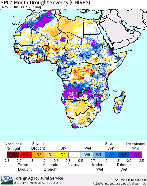 Africa SPI 2-Month Drought Severity (CHIRPS) Thematic Map For 5/1/2021 - 6/30/2021