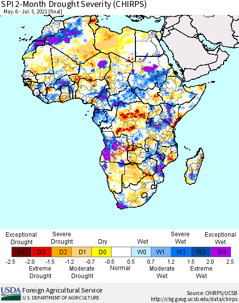 Africa SPI 2-Month Drought Severity (CHIRPS) Thematic Map For 5/6/2021 - 7/5/2021