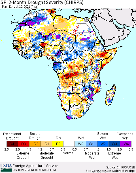 Africa SPI 2-Month Drought Severity (CHIRPS) Thematic Map For 5/11/2021 - 7/10/2021
