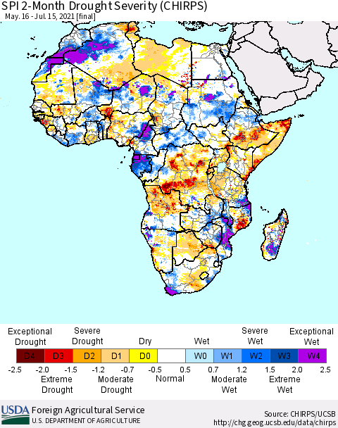 Africa SPI 2-Month Drought Severity (CHIRPS) Thematic Map For 5/16/2021 - 7/15/2021