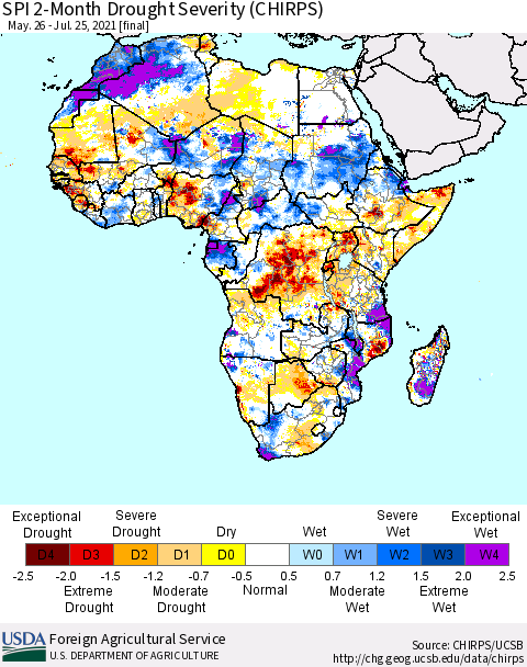 Africa SPI 2-Month Drought Severity (CHIRPS) Thematic Map For 5/26/2021 - 7/25/2021