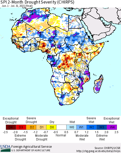 Africa SPI 2-Month Drought Severity (CHIRPS) Thematic Map For 6/1/2021 - 7/31/2021