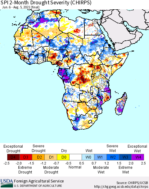 Africa SPI 2-Month Drought Severity (CHIRPS) Thematic Map For 6/6/2021 - 8/5/2021