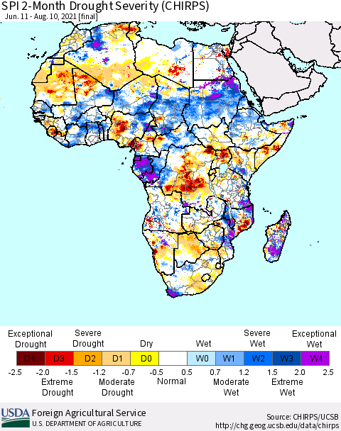 Africa SPI 2-Month Drought Severity (CHIRPS) Thematic Map For 6/11/2021 - 8/10/2021