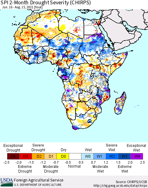 Africa SPI 2-Month Drought Severity (CHIRPS) Thematic Map For 6/16/2021 - 8/15/2021