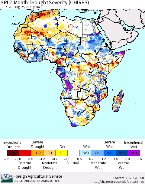 Africa SPI 2-Month Drought Severity (CHIRPS) Thematic Map For 6/26/2021 - 8/25/2021