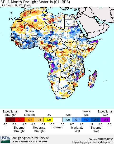 Africa SPI 2-Month Drought Severity (CHIRPS) Thematic Map For 7/1/2021 - 8/31/2021