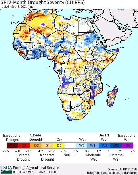 Africa SPI 2-Month Drought Severity (CHIRPS) Thematic Map For 7/6/2021 - 9/5/2021