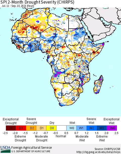 Africa SPI 2-Month Drought Severity (CHIRPS) Thematic Map For 7/11/2021 - 9/10/2021