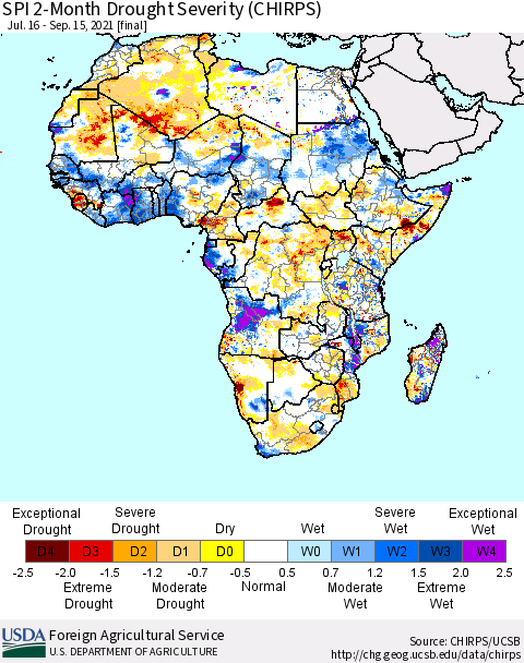 Africa SPI 2-Month Drought Severity (CHIRPS) Thematic Map For 7/16/2021 - 9/15/2021