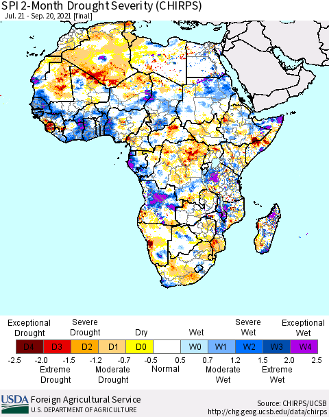 Africa SPI 2-Month Drought Severity (CHIRPS) Thematic Map For 7/21/2021 - 9/20/2021
