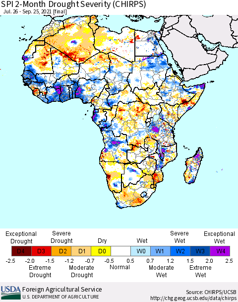 Africa SPI 2-Month Drought Severity (CHIRPS) Thematic Map For 7/26/2021 - 9/25/2021