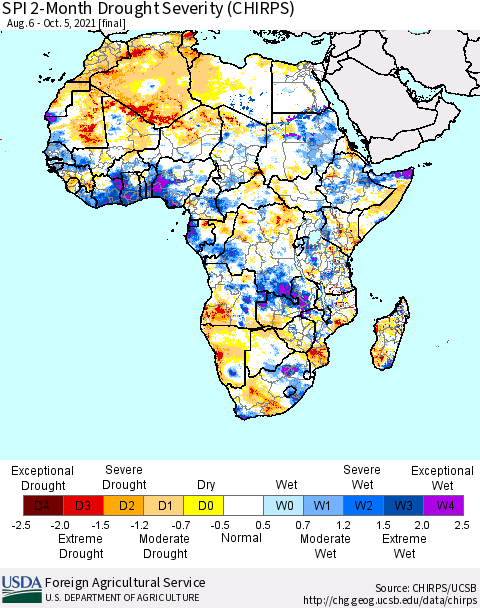 Africa SPI 2-Month Drought Severity (CHIRPS) Thematic Map For 8/6/2021 - 10/5/2021