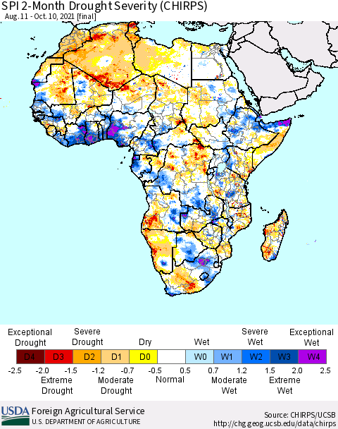 Africa SPI 2-Month Drought Severity (CHIRPS) Thematic Map For 8/11/2021 - 10/10/2021