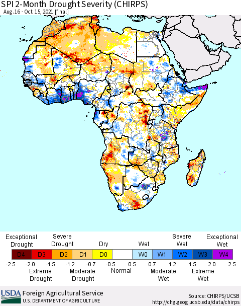 Africa SPI 2-Month Drought Severity (CHIRPS) Thematic Map For 8/16/2021 - 10/15/2021