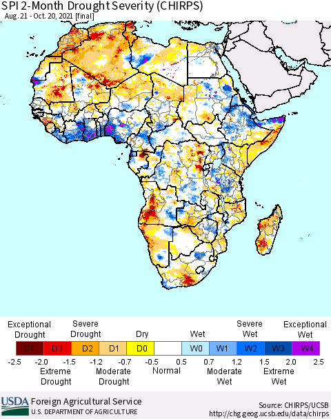 Africa SPI 2-Month Drought Severity (CHIRPS) Thematic Map For 8/21/2021 - 10/20/2021