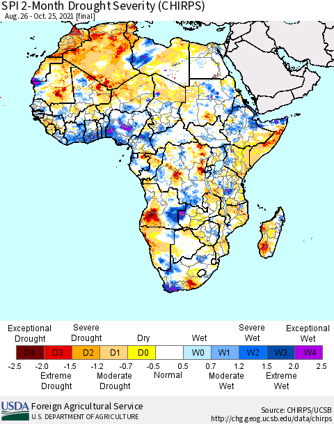 Africa SPI 2-Month Drought Severity (CHIRPS) Thematic Map For 8/26/2021 - 10/25/2021