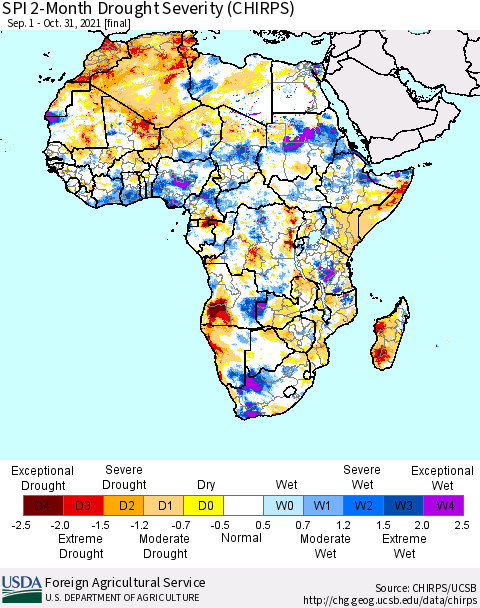 Africa SPI 2-Month Drought Severity (CHIRPS) Thematic Map For 9/1/2021 - 10/31/2021