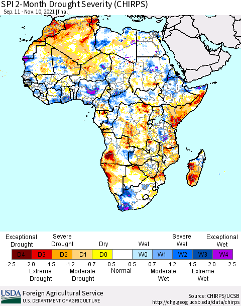 Africa SPI 2-Month Drought Severity (CHIRPS) Thematic Map For 9/11/2021 - 11/10/2021