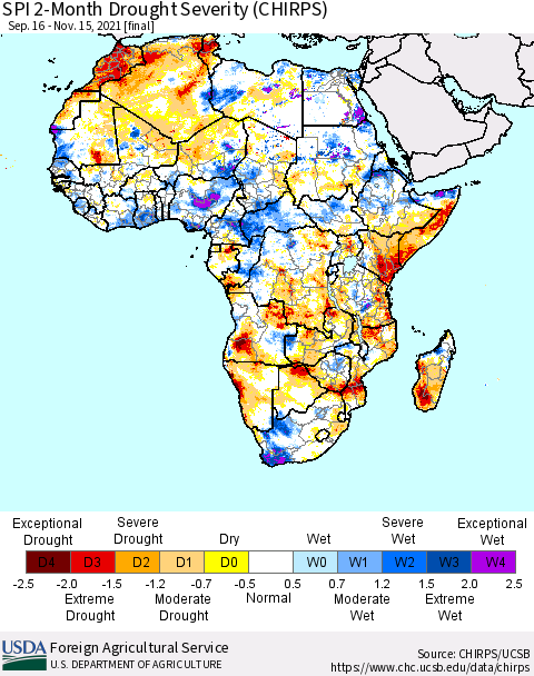 Africa SPI 2-Month Drought Severity (CHIRPS) Thematic Map For 9/16/2021 - 11/15/2021