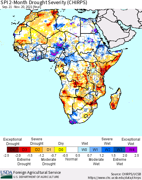Africa SPI 2-Month Drought Severity (CHIRPS) Thematic Map For 9/21/2021 - 11/20/2021