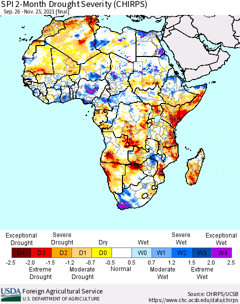 Africa SPI 2-Month Drought Severity (CHIRPS) Thematic Map For 9/26/2021 - 11/25/2021