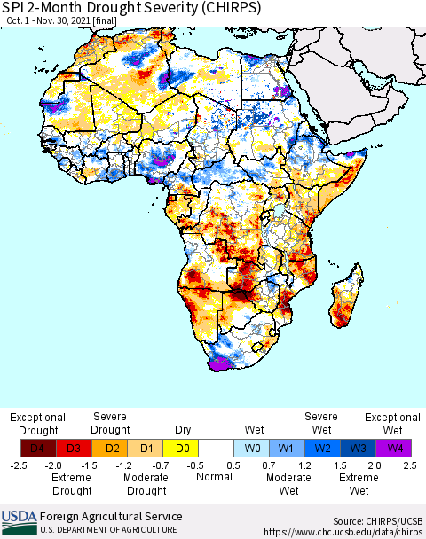 Africa SPI 2-Month Drought Severity (CHIRPS) Thematic Map For 10/1/2021 - 11/30/2021