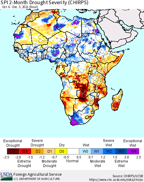 Africa SPI 2-Month Drought Severity (CHIRPS) Thematic Map For 10/6/2021 - 12/5/2021
