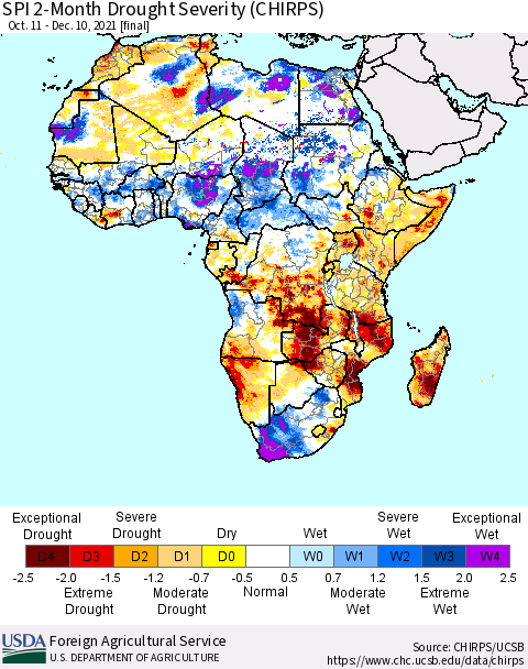Africa SPI 2-Month Drought Severity (CHIRPS) Thematic Map For 10/11/2021 - 12/10/2021