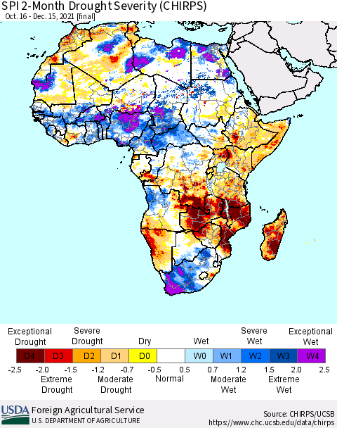 Africa SPI 2-Month Drought Severity (CHIRPS) Thematic Map For 10/16/2021 - 12/15/2021