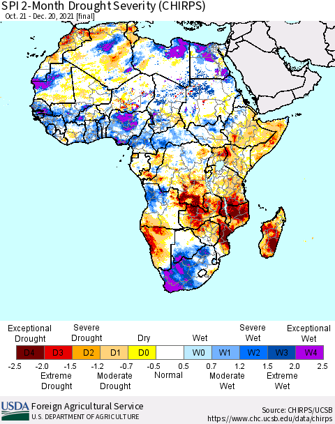 Africa SPI 2-Month Drought Severity (CHIRPS) Thematic Map For 10/21/2021 - 12/20/2021