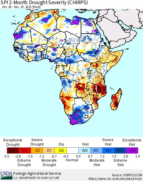Africa SPI 2-Month Drought Severity (CHIRPS) Thematic Map For 10/26/2021 - 12/25/2021