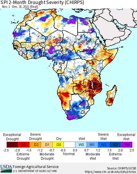 Africa SPI 2-Month Drought Severity (CHIRPS) Thematic Map For 11/1/2021 - 12/31/2021