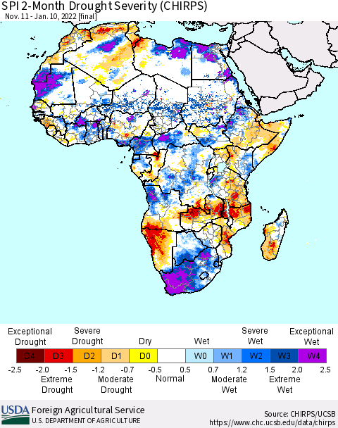 Africa SPI 2-Month Drought Severity (CHIRPS) Thematic Map For 11/11/2021 - 1/10/2022