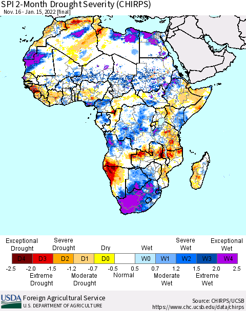 Africa SPI 2-Month Drought Severity (CHIRPS) Thematic Map For 11/16/2021 - 1/15/2022
