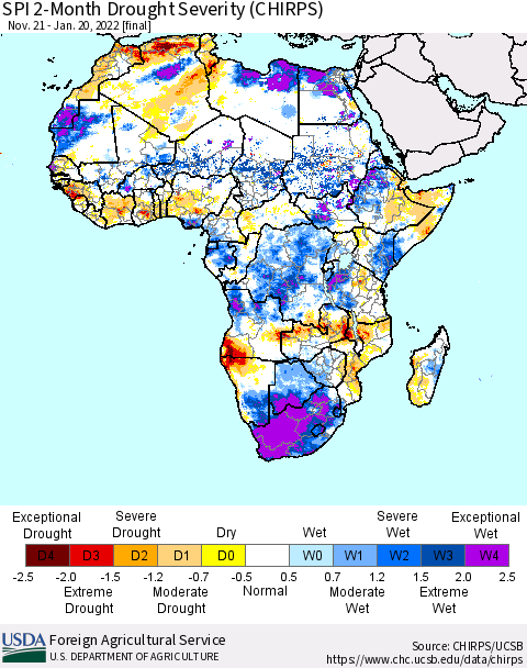 Africa SPI 2-Month Drought Severity (CHIRPS) Thematic Map For 11/21/2021 - 1/20/2022