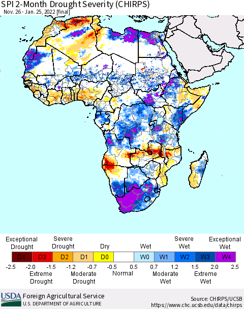 Africa SPI 2-Month Drought Severity (CHIRPS) Thematic Map For 11/26/2021 - 1/25/2022