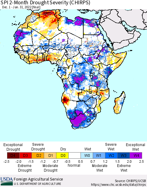 Africa SPI 2-Month Drought Severity (CHIRPS) Thematic Map For 12/1/2021 - 1/31/2022