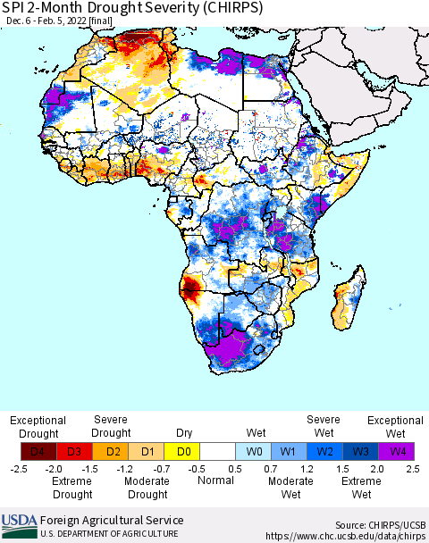 Africa SPI 2-Month Drought Severity (CHIRPS) Thematic Map For 12/6/2021 - 2/5/2022