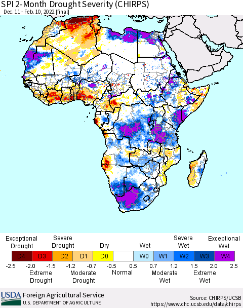 Africa SPI 2-Month Drought Severity (CHIRPS) Thematic Map For 12/11/2021 - 2/10/2022