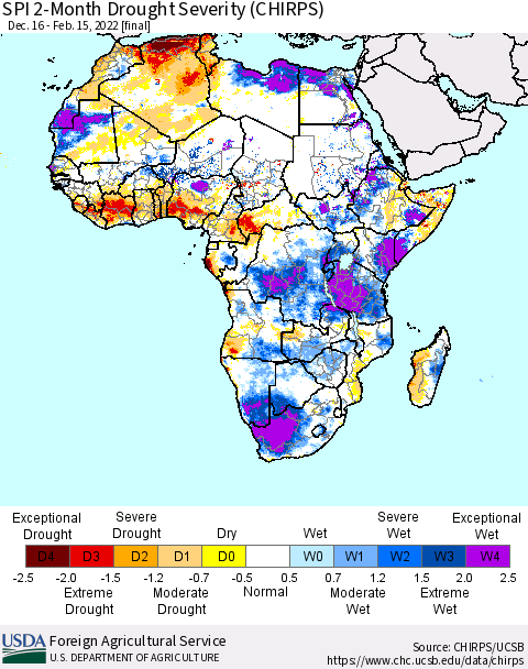 Africa SPI 2-Month Drought Severity (CHIRPS) Thematic Map For 12/16/2021 - 2/15/2022